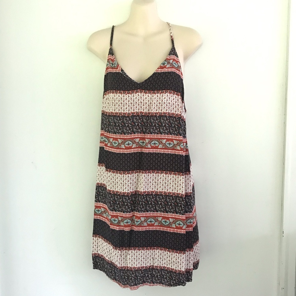 Striped Boho Spaghetti Strap Dress in Black and Coral